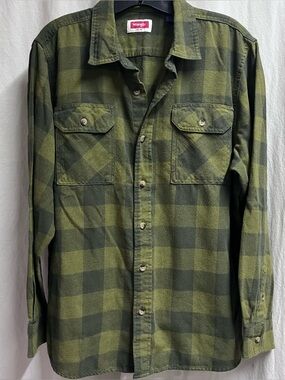Wrangler Shirt Mens Size Large Green & Black Plaid Button Down Flannel Western